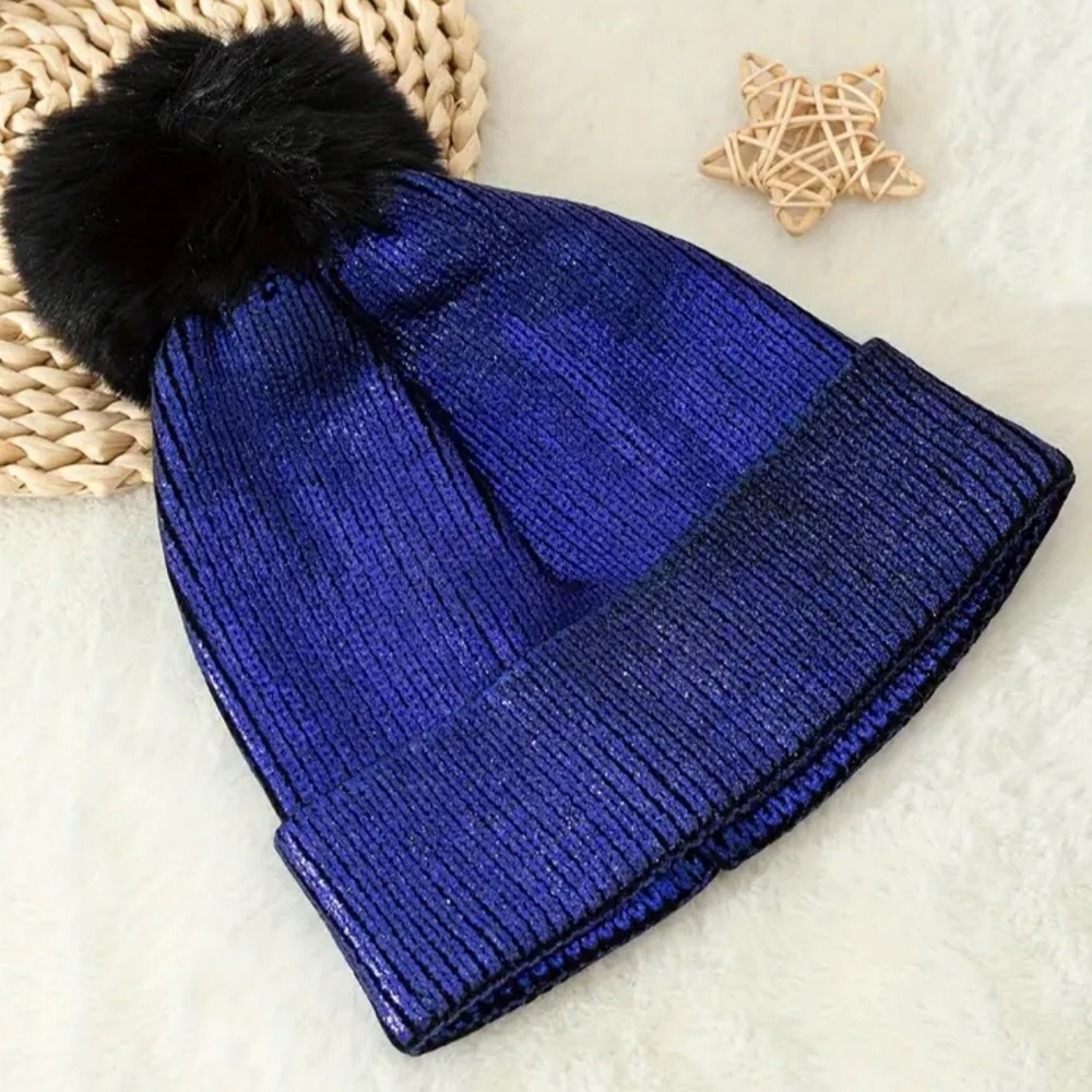 Two hats, Black and blue metallic pompom beanie set